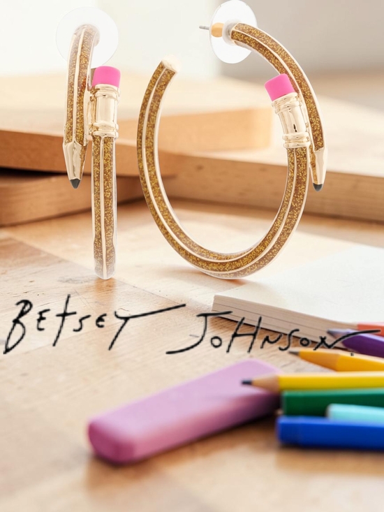 Betsey Johnson Jewelry - NEW Betsey Johnson Gold Glitter Pencil Hoop Earrings with Pink Eraser Detail NWT